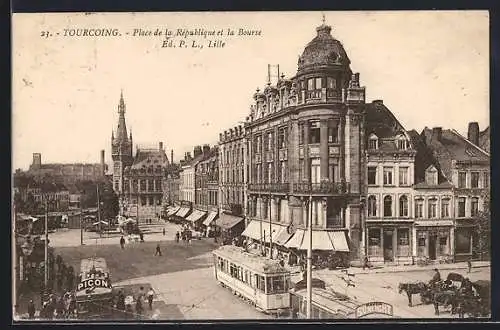 AK Tourcoing, Place de la Republique et la Bourse, Strassenbahn