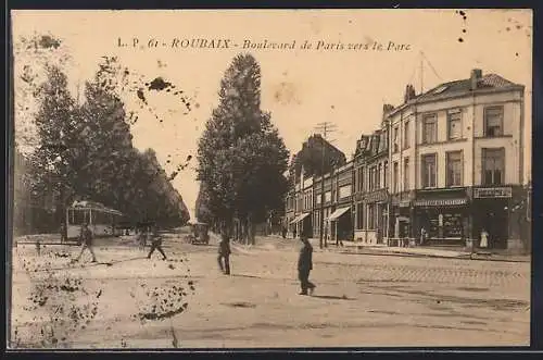 AK Roubaix, Boulevard de Paris vers le Parc, Strassenbahn