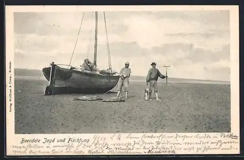 AK Beendete Jagd und Fischfang, Fischer mit Boot am Strand