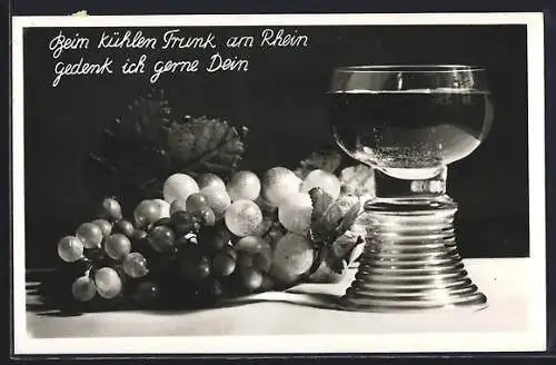 AK Weinglas mit Rheinwein und Trauben, Werbung