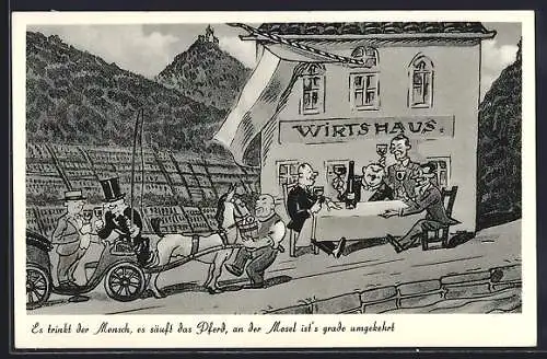 AK Gasthaus an der Mosel mit lustigen Weintrinkern, Werbung