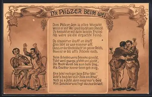 AK Die Pfälzer beim Wei, Zwei Herren versöhnen sich durch Wein, Gedicht, Werbung