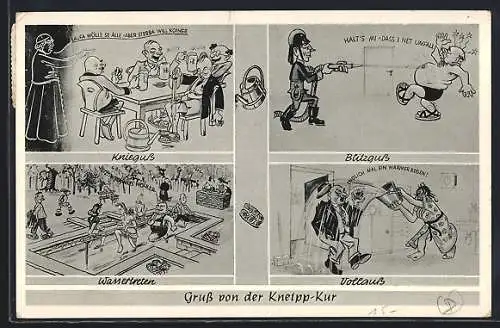 AK Gruss von der Kneipp-Kur, Knieguss, Blitzguss, Wassertreten, Karikatur