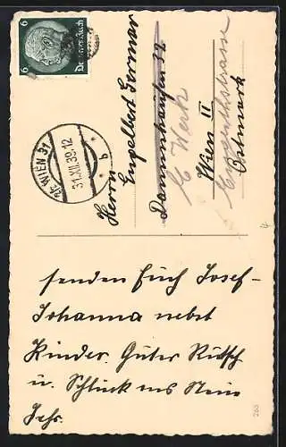 AK Zwei Skiläufer unter einem Baum, Neujahrsgruss