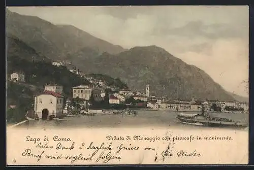 AK Menaggio /Lago di Como, Panorama con piroscafo in movimento