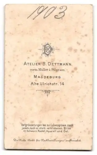 Fotografie B. Dettmann, Magdeburg, Alte Ulrichstr. 14, Porträt eines Mannes