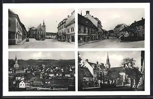 AK Gleisdorf, Totalansicht, Blick auf die Kirche, Platz, Strasse mit Drogerie