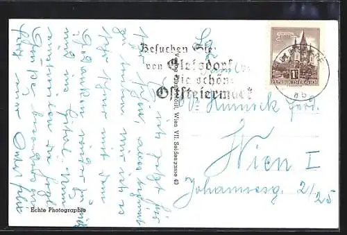 AK Gleisdorf, Totalansicht, Blick auf die Kirche, Platz, Strasse mit Drogerie