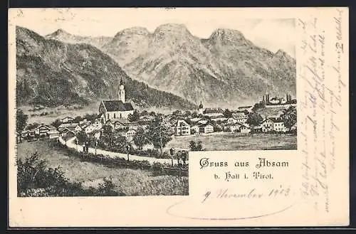 AK Absam b. Hall, Ortsansicht gegen die Berge