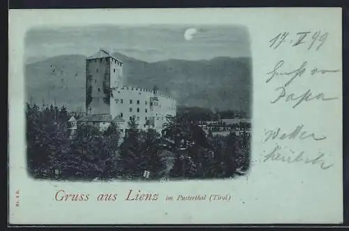 Mondschein-AK Lienz im Pusterthal, Das Schloss gegen die Berge