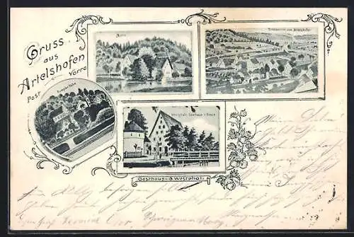 AK Artelshofen, Gasthaus zum Hirsch v. G. Westphal, Mühle, Rumpler Höhe, Ortsansicht