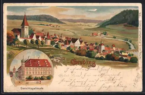 Lithographie Greding, Gerichtsgebäude und Totalansicht