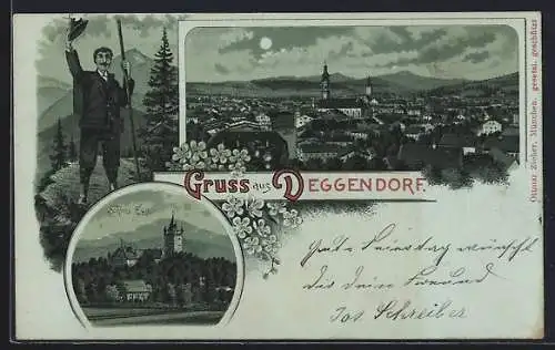 Mondschein-Lithographie Deggendorf, Schloss Egg, Totalansicht, Wanderer