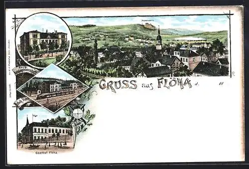 Lithographie Flöha, Gasthof Flöha, Bahnhof, Königl. Amtshauptmannschaft