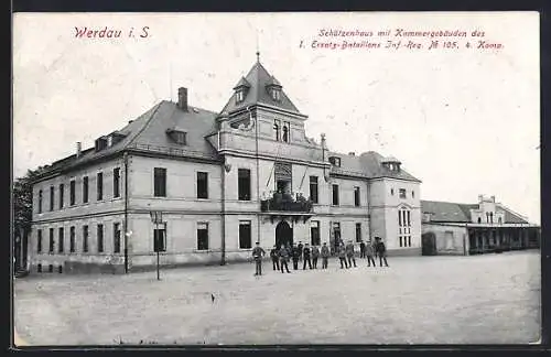 AK Werdau / Sachsen, Schützenhaus mit Kammergebäuden, 1. Ersatz-Bataillons Inf.-Reg. No. 105, 4. Komp.