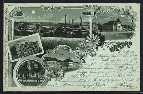 Mondschein-Lithographie Werdau / Sachsen, I. Bürgerschule, Schützenhaus, Markt, Post und Kriegerdenkmal, Totalansicht