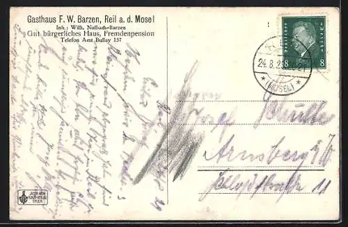 AK Reil a. d. Mosel, Gasthaus F. W. Barzen von W. Nalbach-Barzen