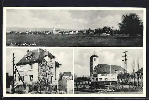 AK Wengerohr, Kolonialwarenladen der Eheleute Schons, Kirche, Totalansicht