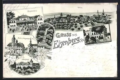 Lithographie Eisenberg / S.- A., Schützenhaus, Schloss, Gynasium