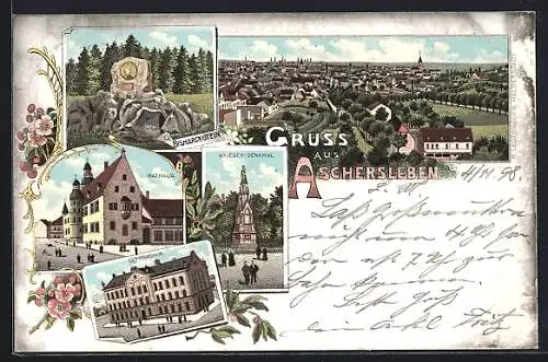 Lithographie Aschersleben, Rathaus, Gymnasium, Bismarckstein