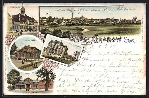 Lithographie Grabow i. Meckl., Totalansicht, Turnhalle, Realschule, Gasthaus Schützenhaus