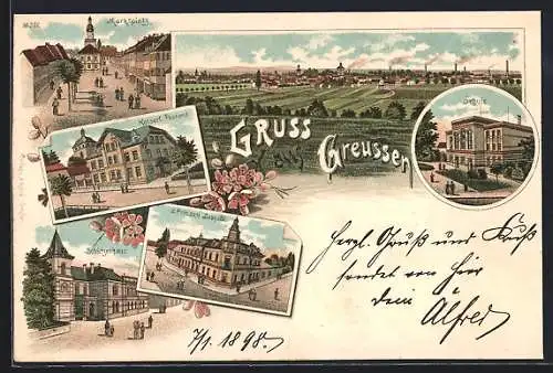 Lithographie Greussen, Schützenhaus, Schule, Kaiserl. Postamt, Marktplatz