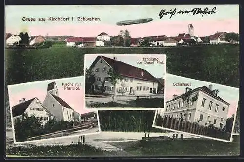 AK Kirchdorf / Bad Wörishofen, Handlung v. Josef Fink, Schulhaus, Kirche mit Pfarrhof, Zeppelin über der Ortschaft