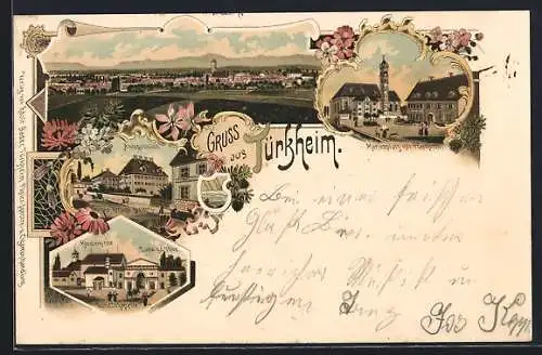 Lithographie Türkheim, Amtsgebäude, Marienplatz mit Pfarrkirche, Klosterkirche, Lorettokapelle