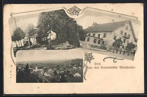 AK Schwabsoien, Gasthaus Sommerkeller mit Gartenwirtschaft, Ortsansicht