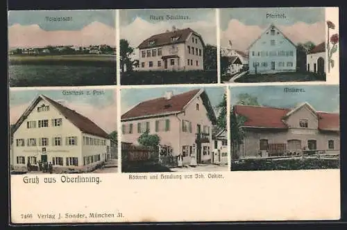 AK Oberfinning, Gasthaus zur Post, Bäckerei v. Joh. Oekler, Molkerei, Pfarrhof, Neues Schulhaus, Totalansicht