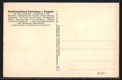 AK Zschopau i. Erzgeb., Gasthof zum Schützenhaus v. Max Schubert mit Innenansichten