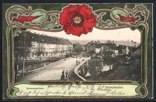 Lithographie Schmalkalden, Die Schwemmbrücke im floralen Passepartout