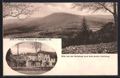 AK Römhild i. Th., Hotel und Pension Waldhaus mit Blick von der Steinburg nach dem grossen Gleichberg