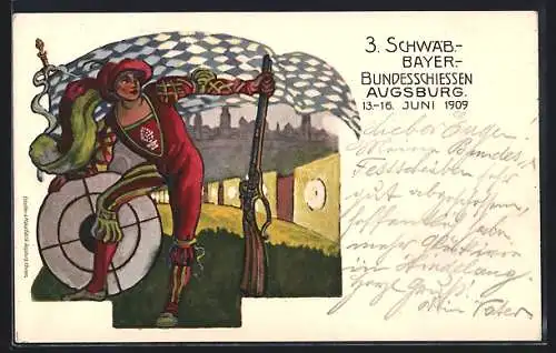 Künstler-AK Augsburg, 3. Schwäb.-Bayer. Bundesschiessen 1909, Schütze mit Muskete