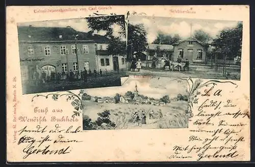 AK Wendisch Buchholz, Colonialwarenhandlung Carl Görsch, Schützenhaus, Totalansicht