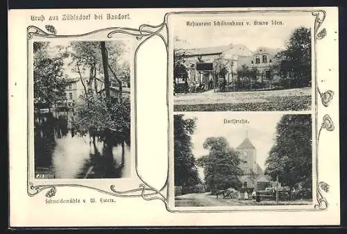 AK Zühlsdorf bei Basdorf, Restaurant Schützenhaus v. Bruno Iden, Schneidemühle v. W. Ewers, Dorfstrasse