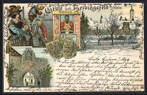 Lithographie Heidingsfeld a. Main, Gasthaus Benedikt, Giemaul, Teilansicht im Schnee