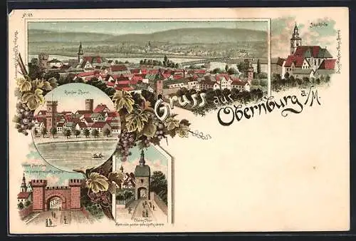 Lithographie Obernburg / Main, Stadtkirche, Runder Turm, Oberes Tor ehem. röm. porta-principalis dextra