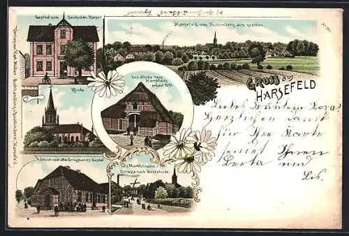 Lithographie Harsefeld, Gasthof zum Deutschen Kaiser, Schulstrasse mit Ww. Brüggemanns Gasthof