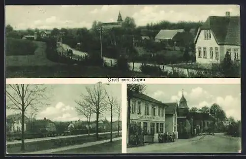 AK Curau, Geschäft von Gustav Steiner und Kirche, Strassenpartien