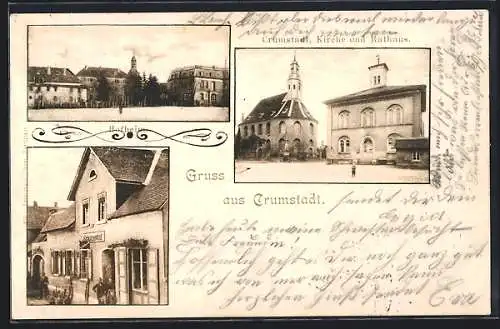 AK Crumstadt, Gasthaus Schützenhof, Hofheim, Kirche und Rathaus