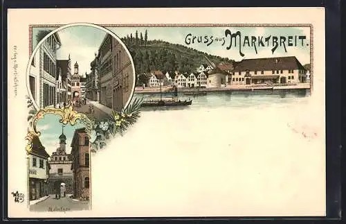 Lithographie Marktbreit, Uferpartie mit Dampfer, Tor, Maintor