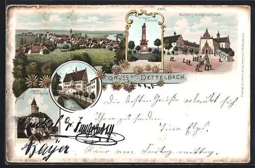 Lithographie Dettelbach, Kriegerdenkmal, Wallfahrtskirche und Kloster