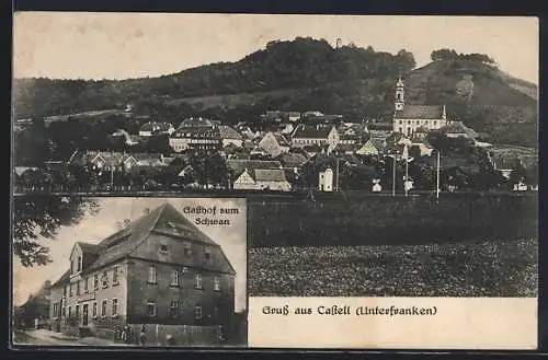 AK Castell /Unterfranken, Gasthaus zum Schwan, Teilansicht mit Kirche