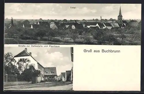 AK Buchbrunn, Totalansicht, Strasse zur Haltestelle und Pfarrhaus