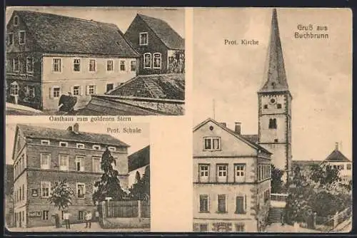 AK Buchbrunn, Gasthaus zum goldenen Stern, Protestantische Kirche, Ortspartie