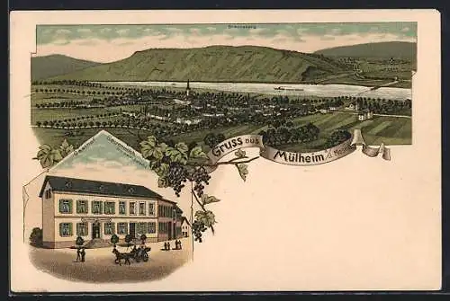 Lithographie Mülheim a. d. Mosel, Gasthof Sauermilch, Ortsansicht aus der Vogelschau