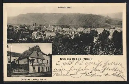 AK Mülheim /Mosel, Gasthaus von Ludwig Bottler und Gesamtansicht