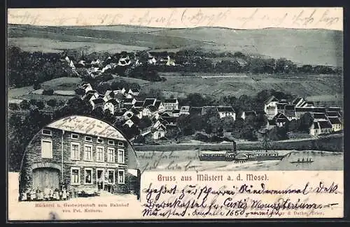 AK Müstert a. d. Mosel, Gasthaus und Bäckerei zum Bahnhof, Bes. Pet. Kettern, Totalansicht