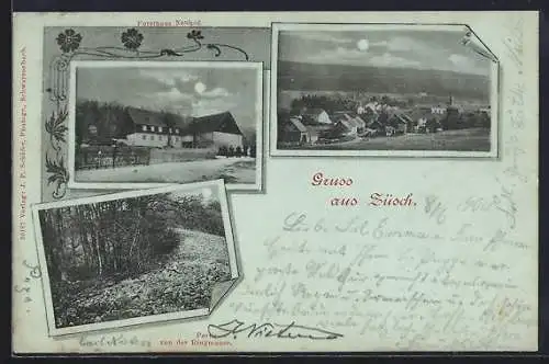 Mondschein-AK Züsch, Gasthaus Forsthaus Neuhof, Partie von der Ringmauer, Totalansicht